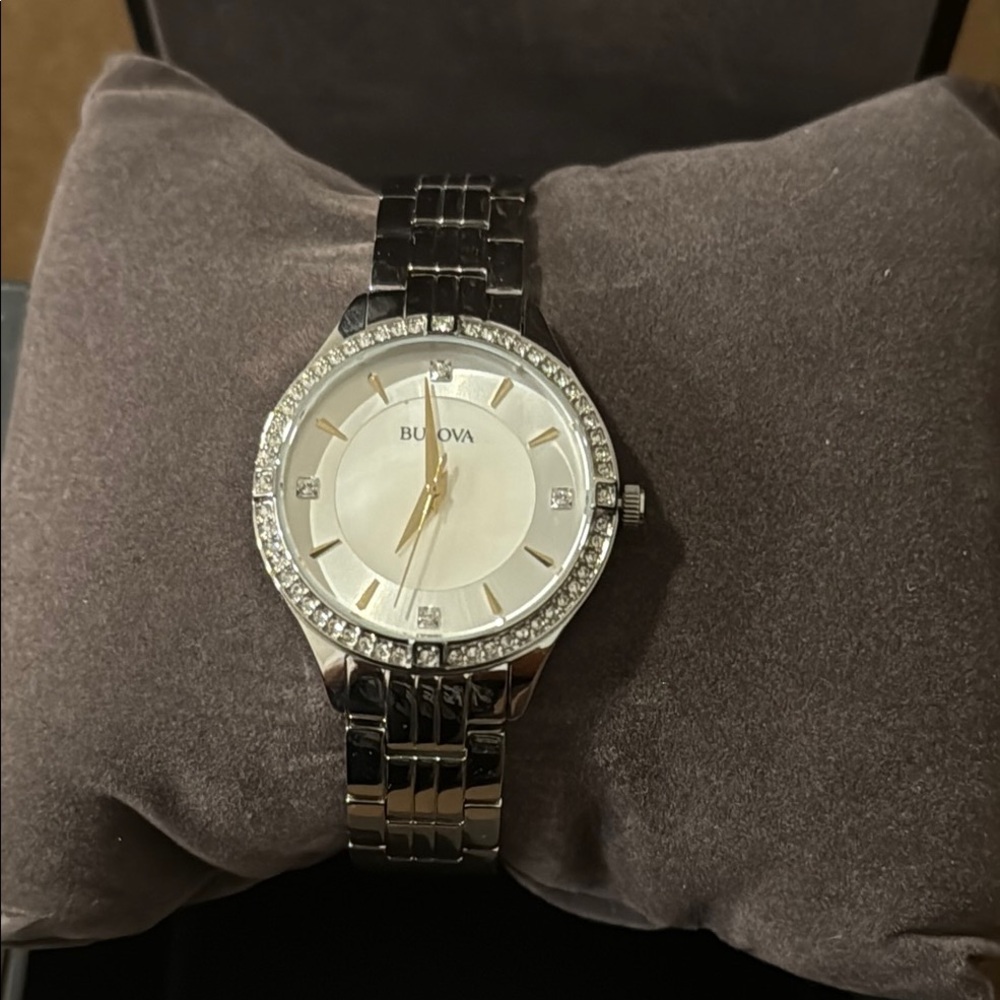 Bulova Silver Watch with Crystal Detailing